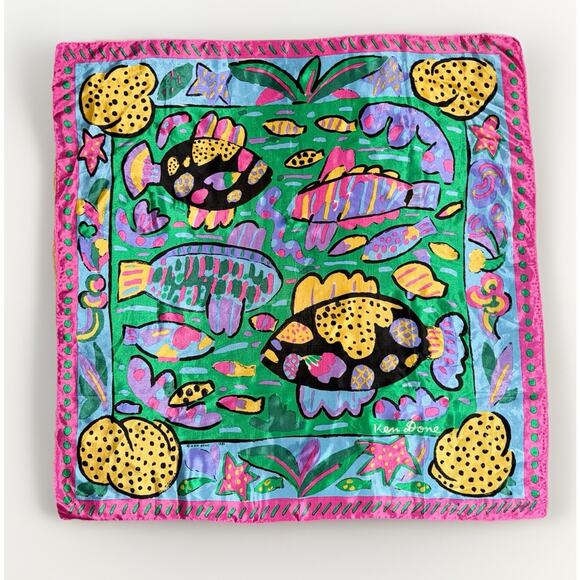 VTG Ken Done Silk 1985 Below The Sea Print Scarf Collectors 29”x29” Abstract Art - Picture 1 of 3